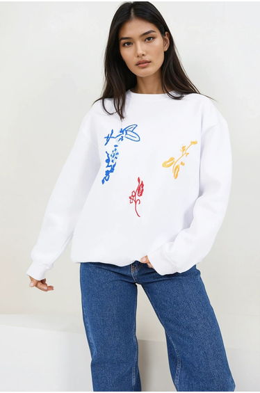 Women's White Crew Neck Fleece-Lined Front Embroidered Sweatshirt