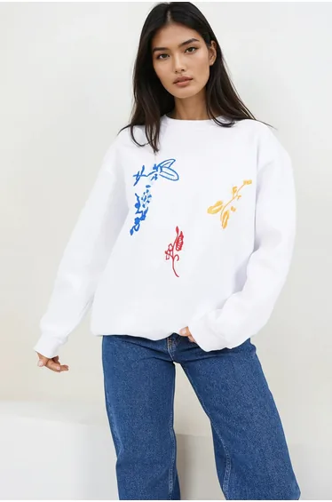 Women's White Crew Neck Fleece-Lined Front Embroidered Sweatshirt