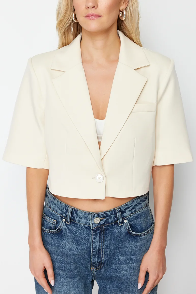 Beige Crop Short Sleeve Woven Blazer Jacket - 3