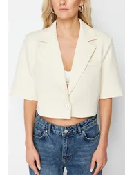 Beige Crop Short Sleeve Woven Blazer Jacket - 3