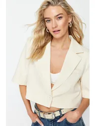 Beige Crop Short Sleeve Woven Blazer Jacket - 2