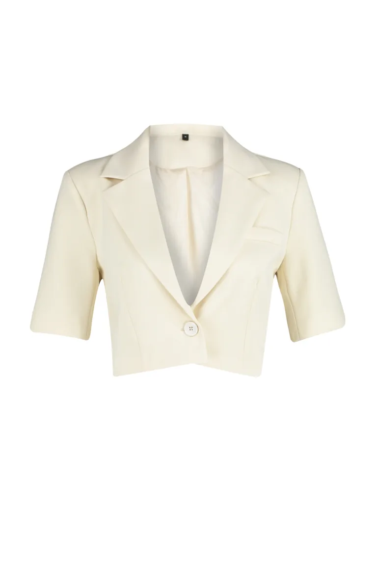 Beige Crop Short Sleeve Woven Blazer Jacket - 6