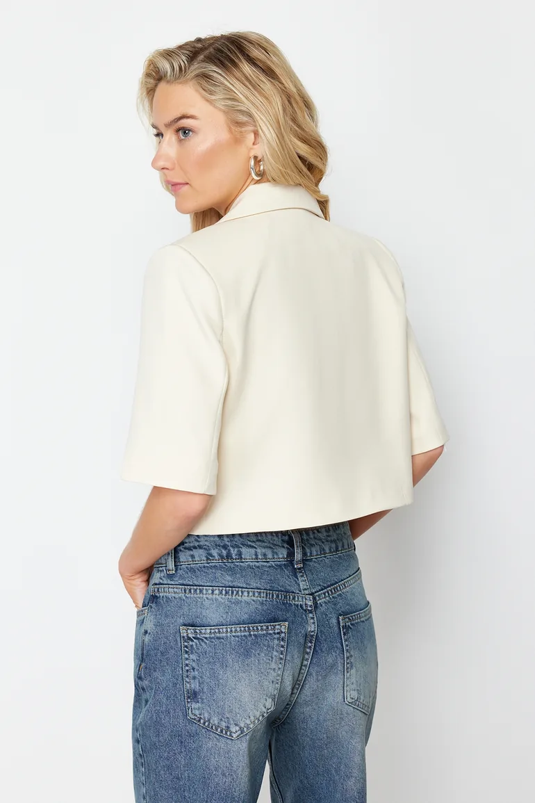 Beige Crop Short Sleeve Woven Blazer Jacket - 5