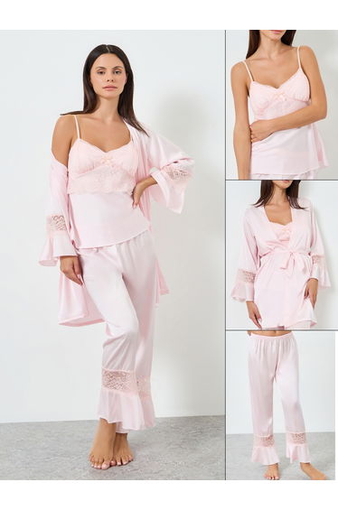Pack of 3 - Lace Insert Cami, Robe and Pyjama