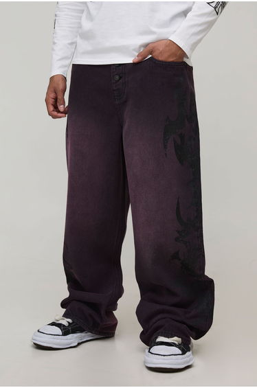 Wide Leg Washed Tribal Jeans - purple