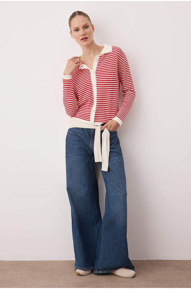 Red Striped Polo Neck Detailed Knitwear Cardigan