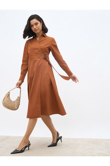 Women Brown Solid Long Sleeve Wrap Midi Dress with Belt Detail