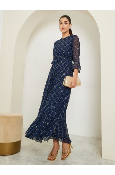 Blue Embellished Sequin Maxi Dress with 3/4 Sleeves