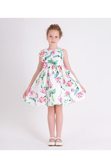 Girls Ruffle Floral Print Dress in White