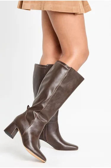 Flared Heel Stretch Knee High Boots - brown