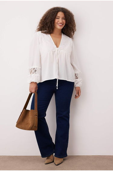 Ecru V-Neck Balloon Sleeve Voile Woven Plus Size Blouse