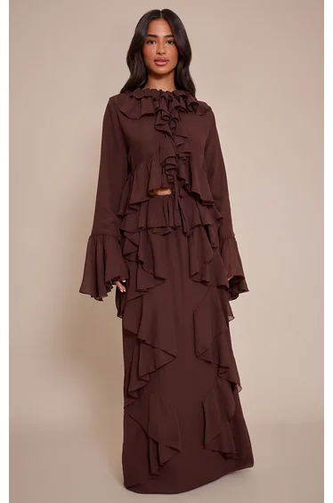 Petite Chocolate Ruffle Chiffon Maxi Skirt