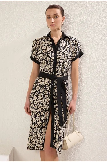 Black Floral Midi Viscose Woven Shirt Dress