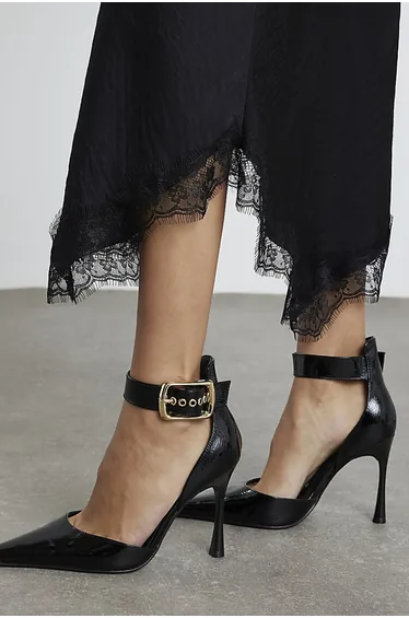 Black Buckle Ankle Strap Court Heels