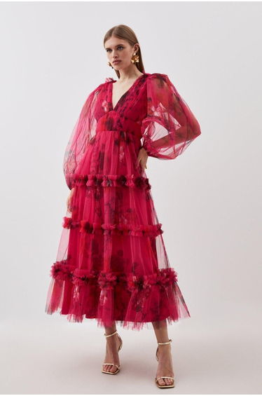 Floral Pleated A-Line Maxi Smock Dress with Ruffles