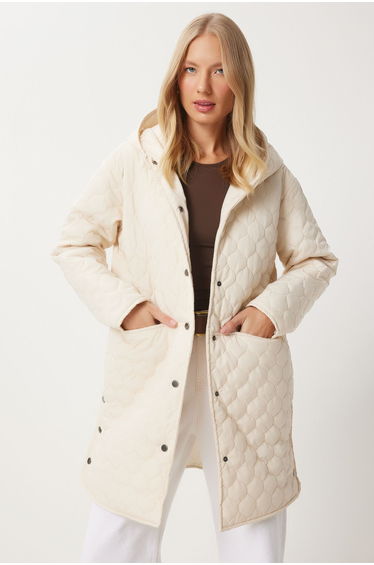 Women's Ecru Hooded Quilted Coat