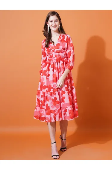 فستان يو اند اف شيفون ميدي على شكل حرف A بطبعة أزهار