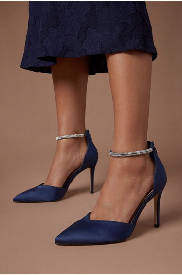 Sicily Satin Diamante Ankle Strap Comfort Sock Pointed Court Shoes