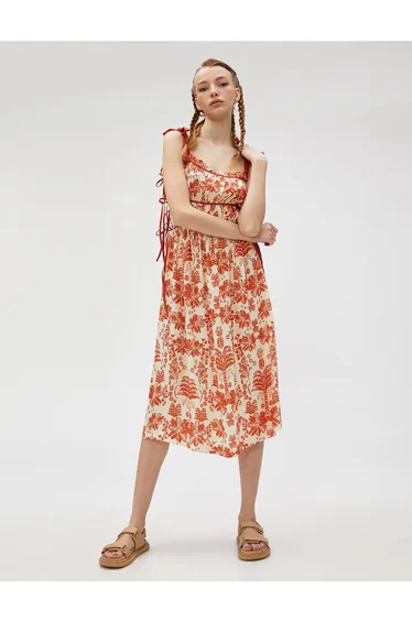 Midi Floral Dress Strap Bow Detailed Gathered Tie Viscose