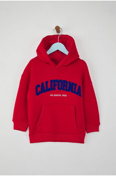 Red Kids Cotton Slogan Printed Hooded Regular Knitted Sweatshirt