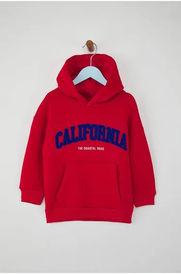 Red  Kids Cotton Slogan Printed Hooded Regular Knitted Sweatshirt