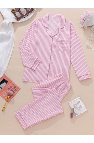 Women Pink Striped Shirt and Pyjama Set