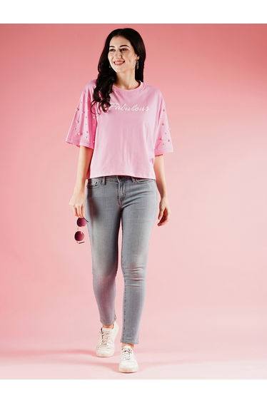 Embellished Slogan Print Boxy Fit T-Shirt