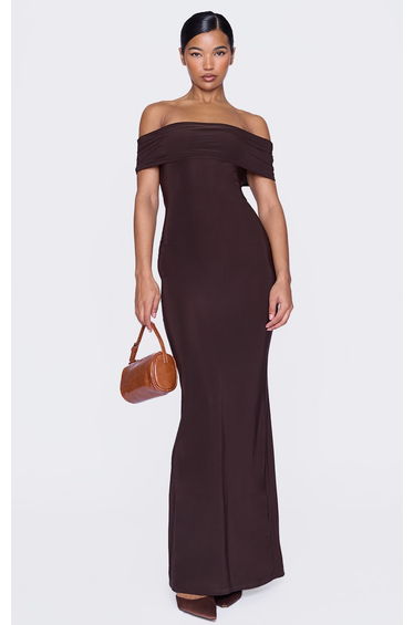 Chocolate Open Back Bardot Floor Length Dress