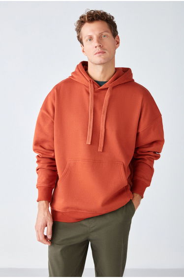 Steve Men's Soft Fabric Corded Oversize Hooded Kangaroo Pocket Brick Color Sweatshirt