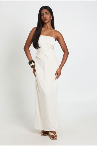 2 in 1 Linen Look Bandeau Column Maxi Dress - stone