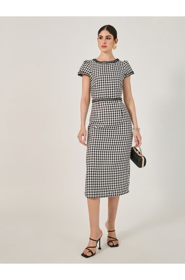 Checked Short Sleeve Bodycon Midi Dress