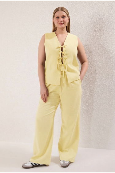 Yellow Wide Leg Linen Look Front Drawstring Bottom Top Set