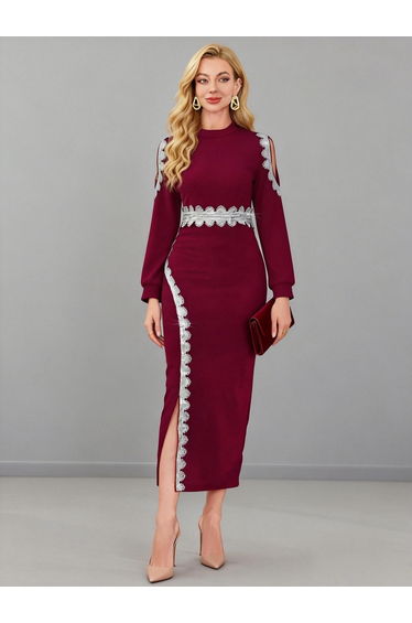 Burgundy Embellished Bodycon Maxi Dress