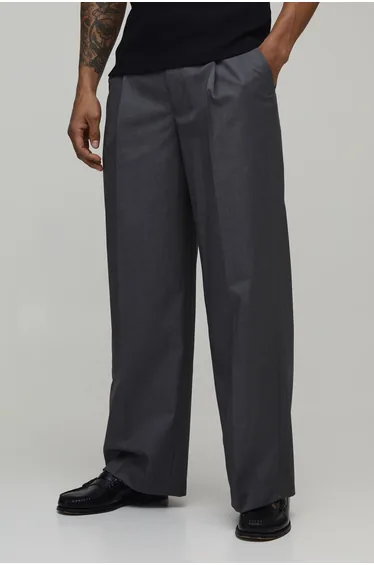 Baggy Fit Pleat Front Tailored Trousers - grey