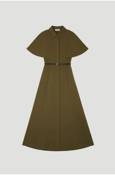 Twill Cape Sleeved Belted Shirt Woven Midi Dress