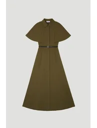 Twill Cape Sleeved Belted Shirt Woven Midi Dress - 3