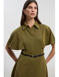 Twill Cape Sleeved Belted Shirt Woven Midi Dress - 1