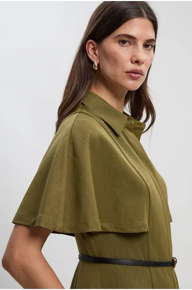 Twill Cape Sleeved Belted Shirt Woven Midi Dress