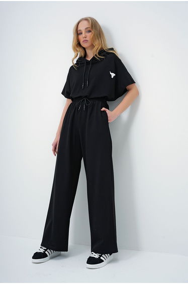 Women's Black Hoodie Oversize Crop And Double Pocket Trouser Set
