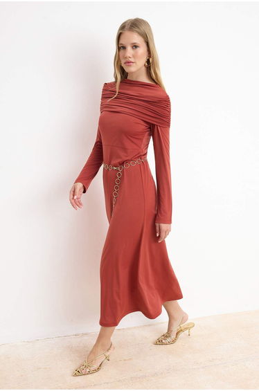 Brown Bodycon Sandy Plain Knitted Metal Belt Detail Hijab Evening Dress