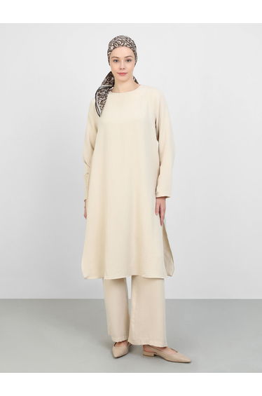 Beige Long Sleeve Side Slit Tunic with Trousers Co-Ords