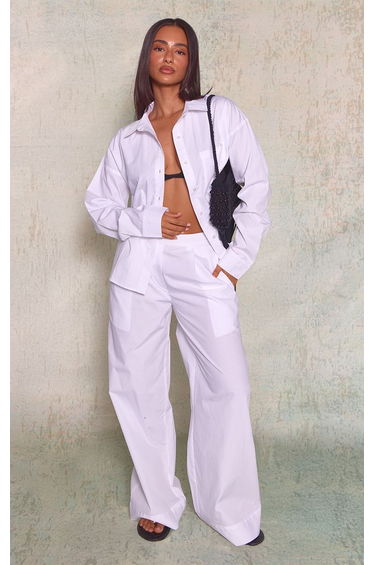 Petite White Linen Look Wide Leg Trousers