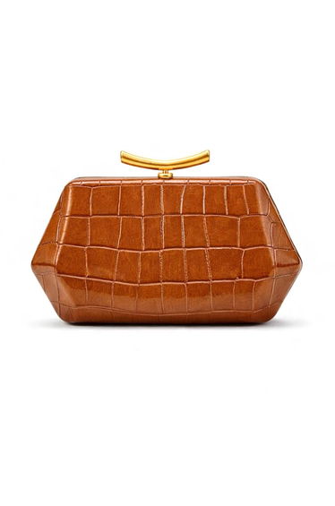 Luxury Croc Embossed Geometric Clutch in Caramel for Gala Dinners & Wedding Receptions