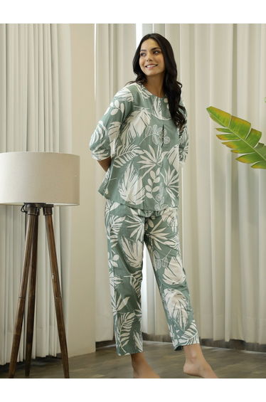 Green Floral Round Neck Cotton Top and Pyjama Set