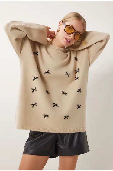 Women's Dark Beige Bow Detail Oversize Knitwear Sweater