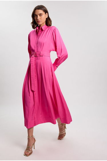 Premium Viscose Linen Woven Shirt Dress With Gold Buckle Belt