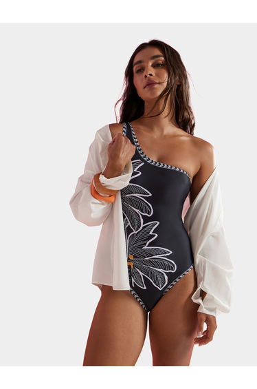 Black Placement Print One Shoulder Padded Swimsuit