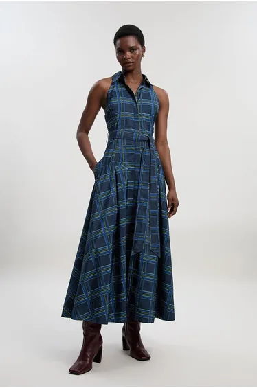 Check Print Taffeta Belted Woven Maxi Shirt Dress