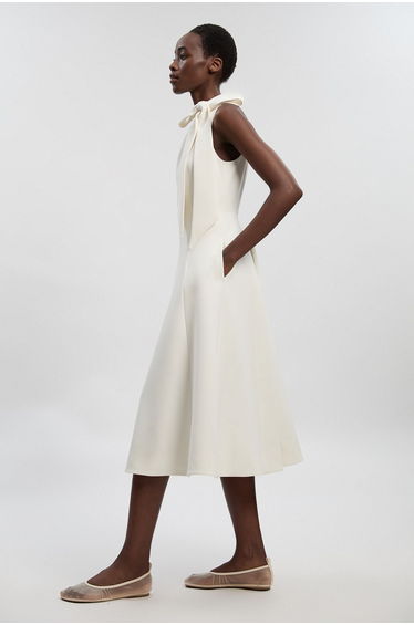 Compact Stretch Bow Tie Neck Full Skirted Midi Dress