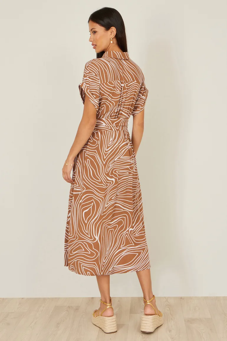 Yumi Brown Abstract Swirl Print Relaxed Midi Shirt Dress With Belt - 3